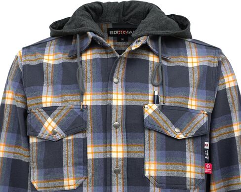 BOCOMAL FR Hooded Shirts Button Down Heavyweight Flannel Plaid Hoodies Fire Retardant Flame Resistant Welding Jacket in Kuwait