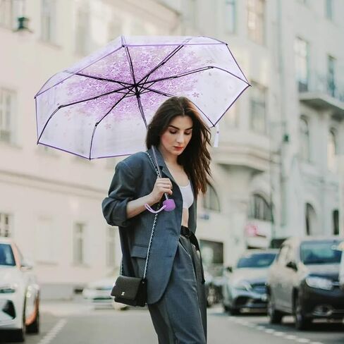 Plastic Transparent Folding Light Purple Cherry Flower Blossom Umbrella, Travel Clear Floral Rain Umbrella Outdoor Fashionable Windproof for Adult Kids Girls Princess Women in Saudi Arabia