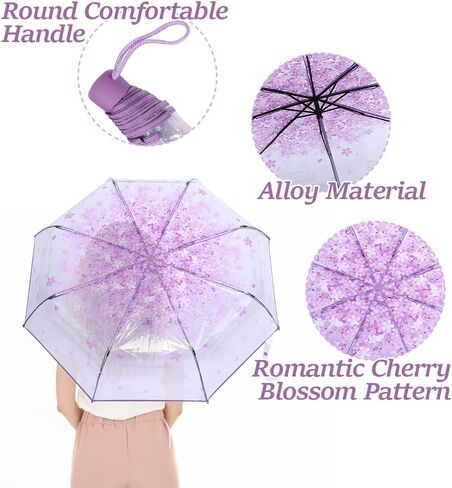 Plastic Transparent Folding Light Purple Cherry Flower Blossom Umbrella, Travel Clear Floral Rain Umbrella Outdoor Fashionable Windproof for Adult Kids Girls Princess Women in Saudi Arabia