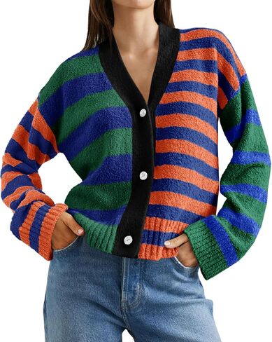Saodimallsu Womens Striped Cardigan Sweaters V Neck Open Front Button Up Color Block Fuzzy Loose Knit Coats in Saudi Arabia
