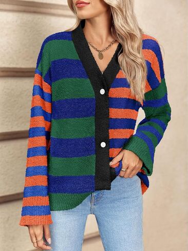 Saodimallsu Womens Striped Cardigan Sweaters V Neck Open Front Button Up Color Block Fuzzy Loose Knit Coats in Saudi Arabia
