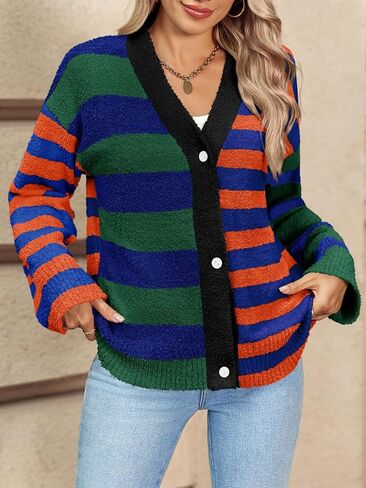 Saodimallsu Womens Striped Cardigan Sweaters V Neck Open Front Button Up Color Block Fuzzy Loose Knit Coats in Saudi Arabia