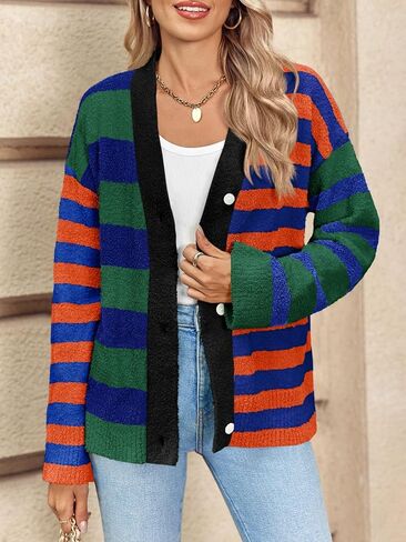 Saodimallsu Womens Striped Cardigan Sweaters V Neck Open Front Button Up Color Block Fuzzy Loose Knit Coats in Saudi Arabia