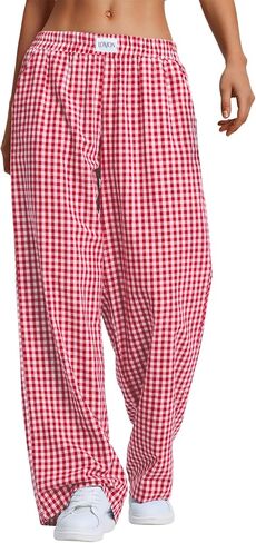 LOMON Women's Striped Gingham Boxer Pants Cotton Pajama Lounge Pj Casual Plaid Trousers Y2K Beach Bottoms with Pockets in Saudi Arabia