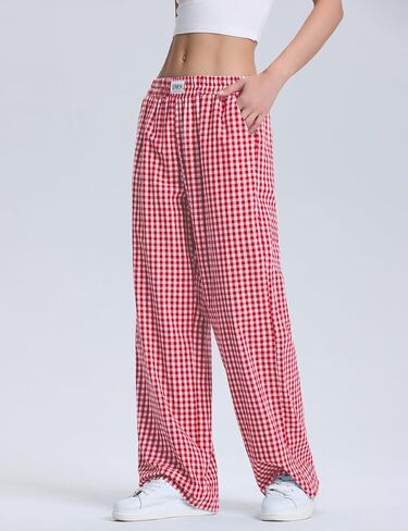 LOMON Women's Striped Gingham Boxer Pants Cotton Pajama Lounge Pj Casual Plaid Trousers Y2K Beach Bottoms with Pockets in Saudi Arabia