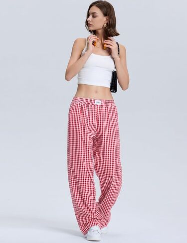 LOMON Women's Striped Gingham Boxer Pants Cotton Pajama Lounge Pj Casual Plaid Trousers Y2K Beach Bottoms with Pockets in Saudi Arabia