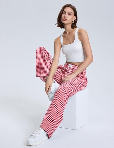 LOMON Women's Striped Gingham Boxer Pants Cotton Pajama Lounge Pj Casual Plaid Trousers Y2K Beach Bottoms with Pockets in Saudi Arabia