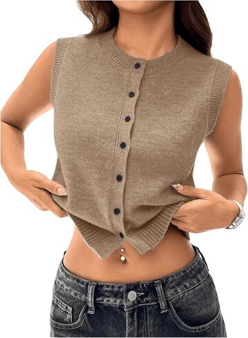 GORGLITTER Women's Button Down Knit Sweater Vest Sleeveless Crewneck Crop Cardigan in Kuwait