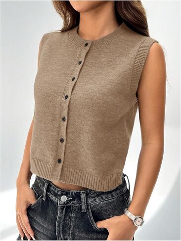 GORGLITTER Women's Button Down Knit Sweater Vest Sleeveless Crewneck Crop Cardigan in Kuwait