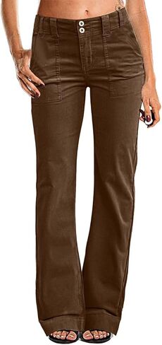 Flamingals Women's Corduroy Dual Button Zip Fly Flare Pants Mid Waist Casual Pants in Kuwait