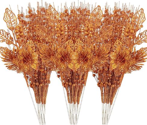 24 Pack Christmas Tree Ornaments - Artificial Flowers Glitter Berry Stems Christmas Floral Picks Branches for Xmas Tree Decorations Vase Filler Holiday Wedding Party Home Decor (Orange) in Saudi Arabia