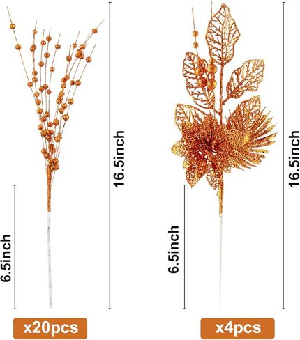 24 Pack Christmas Tree Ornaments - Artificial Flowers Glitter Berry Stems Christmas Floral Picks Branches for Xmas Tree Decorations Vase Filler Holiday Wedding Party Home Decor (Orange) in Saudi Arabia
