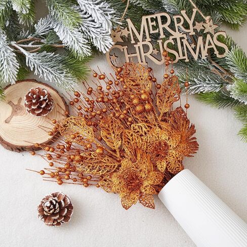 24 Pack Christmas Tree Ornaments - Artificial Flowers Glitter Berry Stems Christmas Floral Picks Branches for Xmas Tree Decorations Vase Filler Holiday Wedding Party Home Decor (Orange) in Saudi Arabia