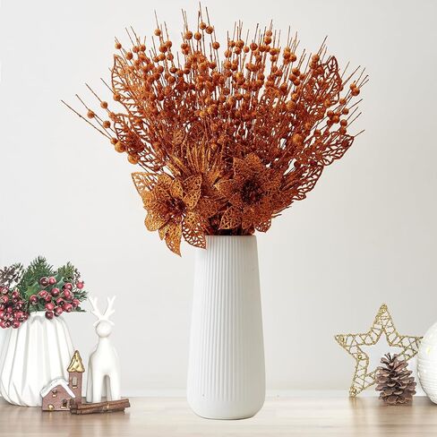 24 Pack Christmas Tree Ornaments - Artificial Flowers Glitter Berry Stems Christmas Floral Picks Branches for Xmas Tree Decorations Vase Filler Holiday Wedding Party Home Decor (Orange) in Saudi Arabia