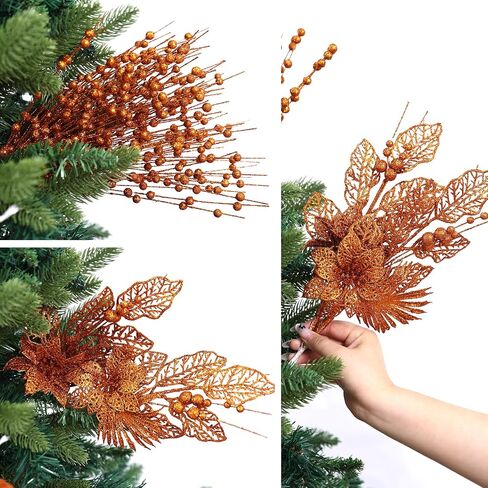 24 Pack Christmas Tree Ornaments - Artificial Flowers Glitter Berry Stems Christmas Floral Picks Branches for Xmas Tree Decorations Vase Filler Holiday Wedding Party Home Decor (Orange) in Saudi Arabia
