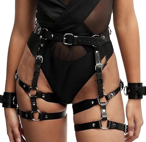 Waist Belt Leg Garters with hancuffs Leather Body Belt Suspenders Lingerie Gothic Belts Sets with Handcuffs in Saudi Arabia