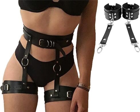 Waist Belt Leg Garters with hancuffs Leather Body Belt Suspenders Lingerie Gothic Belts Sets with Handcuffs in Saudi Arabia
