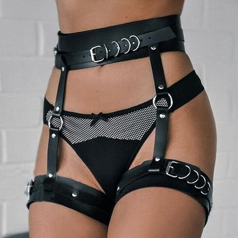 Waist Belt Leg Garters with hancuffs Leather Body Belt Suspenders Lingerie Gothic Belts Sets with Handcuffs in Saudi Arabia