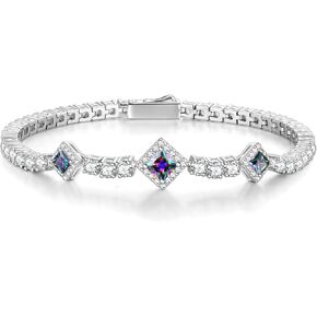 FANCIME Birthstone Bracelets 4mm Sterling Silver Tennis Bracelets Square Gemstone Bracelets Birthday Fine Jewelry Gifts for Women 7.2"
