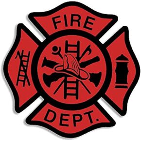 Red and Black Fire Dept Maltese Cross Shaped Sticker (Firefighter First Responder Vinyl Decal for car Truck or Laptop (3 inch)