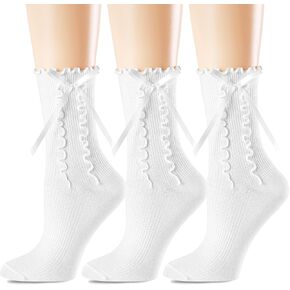 Womens Crew Ruffle Socks Cute Frilly Casual Socks Ribbon Bow Knit Cotton Lettuce Adorable Socks 3 Pack