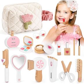 16-Piece Wooden Makeup Toy Set, Pretend Play Makeup Kit for Toddlers & Little Girls Aged 3-8, Fake Makeup and Beauty Salon Toys, Christmas & Birthday Gifts for Toddler Kids
