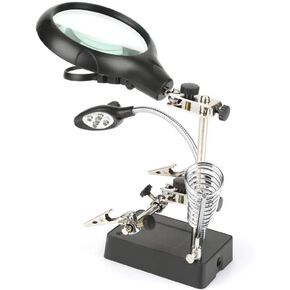 2.5X 7.5X 10X LED Light Helping Hands Magnifier Station, Lighting Black Magnifying Glass Clamp Stand Repair Clamp Auxiliary Clip Stand Desktop