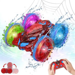 Spider Amphibious Remote Control Car for Kids with LED Lights, RC Boats for Boys Age 6 7 8 9 10 11 12, 2.4GHz 4WD Spide RC Stunt Car Waterproof Outdoor Pool Toy Birthday Gifts for Boy Girl 4-7
