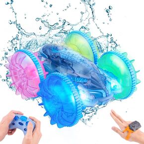 PREPOP Amphibious RC Car for Land & Water, 4WD Gesture Sensor Boat with Waterproof Remote, Lights – Beach & Pool Toy for Kids Ages 5 6 7 8-12 for Boys & Girls