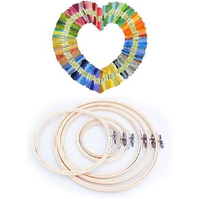 Embroidery Kit for Beginners Adult, 6 PCS Bamboo Embroidery Hoops and 50 Color Threads, Cross Stitch Tools Set, Adjustable Cross Stitch Hoop, Cross Stitch Supplies Friendship Bracelets String