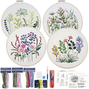 BERYA 4 Set Embroidery Starter Kit for Beginners, Needlepoint Cross Stitch Kits with Pre-Stamped Flower, Instructions, Embroidery Hoops, Color Threads, Tools, DIY Arts Crafts Birthday Gifts for Adult