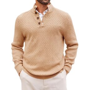 Runcati Mens Stand Collar Pullover Sweater Waffle Knitted Quarter Button Casual Ribbed Henley Sweaters