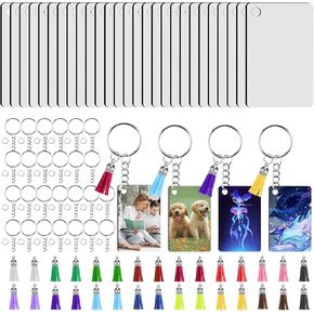 Sibba 120Pcs Sublimation Keychain Blanks Bulk, MDF Rectangle Sublimation Blanks with Tassels Keychain Rings & Jump Rings, Double Side Heat Transfer Blanks for DIY Keychain Crafting