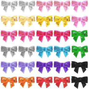 30 PCS Mini Bow Sequin Bowknot Embroidered Patches Bow Patch Glitter Bow Patches Shiny Small Red Bow Iron on Applique Embroidered Patches for Clothing, Bags, Jackets, Jeans DIY Accessory