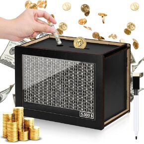Wooden Money Box for Cash 10000, Plus Size 10000 Savings Challenge Box, Reusable Kakeibo Money Saving Box with 10k Saving Goal, Cash Vault Wooden Savings Box for Adults Kids Boy Girls (10000 Dollars)