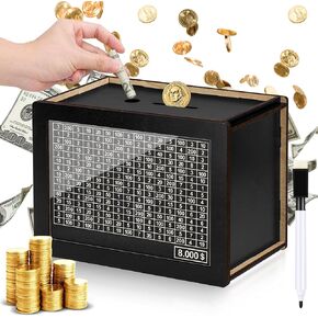 Wooden Money Box for Cash 10000, Plus Size 10000 Savings Challenge Box, Reusable Kakeibo Money Saving Box with 10k Saving Goal, Cash Vault Wooden Savings Box for Adults Kids Boy Girls (10000 Dollars)