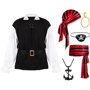 7 Pcs Halloween Pirate Costume Adult Men's Captain Pirate Shirt Bandana Belts Earring Necklace Blindfold Pirate Accessories