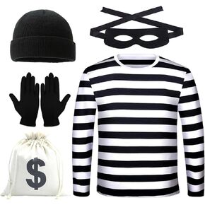 Men's Robber Costume Set Halloween Cosplay Costumes Thief Accessories Black White Striped T-shirt,Mask,Gloves,Bag,Beanie Cap