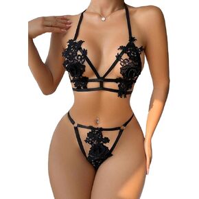 Women Floral Embroidered Lingerie Sets Cut Out Strappy 2 Piece Bra and G-string Set