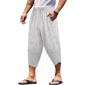 COOFANDY Men's Linen Harem Capri Pants Lightweight Loose 3/4 Shorts Drawstring Elastic Waist Casual Beach Yoga Trousers