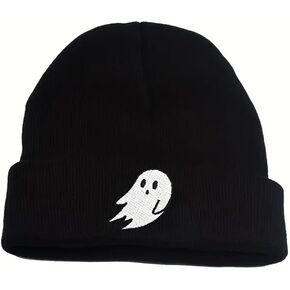 Cute Spooky Ghost Embroidered Unisex Beanie Cuffed Black