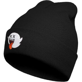 Funny Ghost Graphic Warm Beanies for Women Men Spooky Embroidered Knit Hat Cuffed Skull Cap Winter Knitted Beanie
