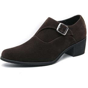 NELSBREXMen'S Suede Leather Chunky Heel Monk Strap Oxford Shoes Fashionable Pointed Toe Non-Slip Slip-On Block Heel Loafers Formal Business Dress Low top Chelsea Boots