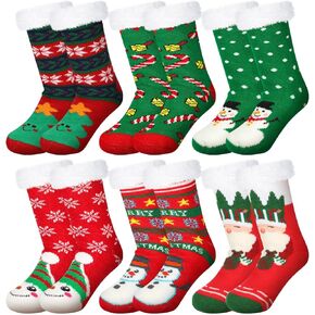 6 Pairs Christmas Fuzzy Socks Xmas Thermal Slipper Socks for Women with Grippers Non Slip Fluffy Indoor Winter Warm Furry Socks for Party Supplies, 6 Styles