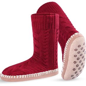 Foaincore Women's Slipper Socks Knit Non Skid Socks with Soles Indoor Winter Thick Lined Slipper Socks, Size 9-11