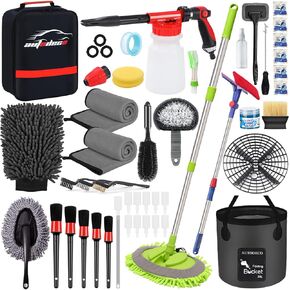 AUTODECO 44Pcs Car Wash Detailing Kit Cleaning Kits with Foam Gun Sprayer Wash Mop with Long Handle Collapsible Bucket Large Wash Mitt Towels Complete Interior Exterior Car Washing Supply Set Black in Kuwait
