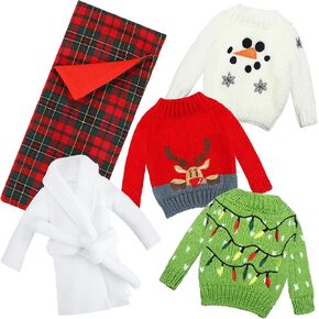 Zomiboo 5 Pieces Christmas Elf Dolls Accessories Set Including 3 Santa Hand Knitted Sweaters 1 Red Plaid Sleeping Bag and 1 White Nightgown Bathrobe for Elf Doll Xmas Decorations (Cute Style)