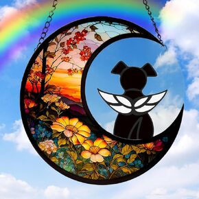 Dog Memorial Gifts for Loss of Dog Suncatcher, White Angel Dog on Flower Moon Dog Beverage Acrylic Ornaments Decor Window Wall Sympathy Gift for Dog Lover