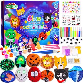Max Fun Sea Shell & Rock Painting Kit, 2 ON 1 Glow in The Dark DIY Halloween Arts & Crafts Gifts for Kids Ages 4-12, Craft Activities Kits Creative Art Paint Toys for Boys Girls Birthday Party Gifts