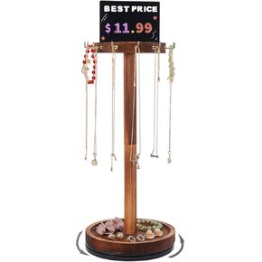 Necklace Holder Organizer, 360°Rotating Jewelry Tree Stand with 12 Metal Hooks, Wooden Necklace Display Tower for Home or Show Selling use, Tall Jewlery Holder for Necklaces Earring Bracelet